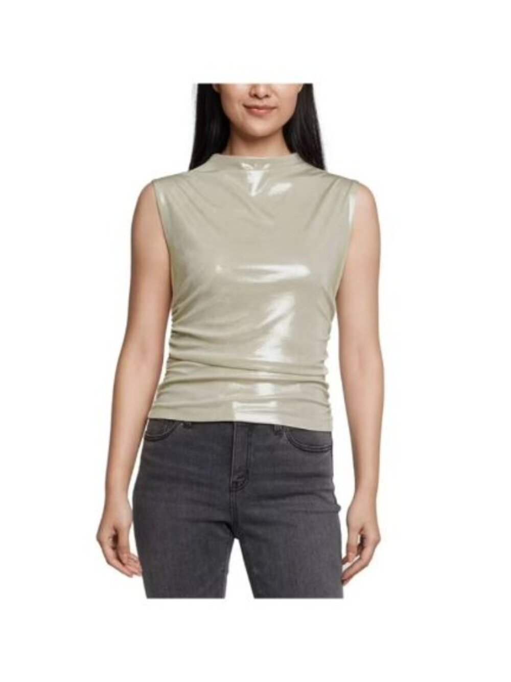 Express Metallic Beige Ruched Sleeveless Mock Neck Blouse